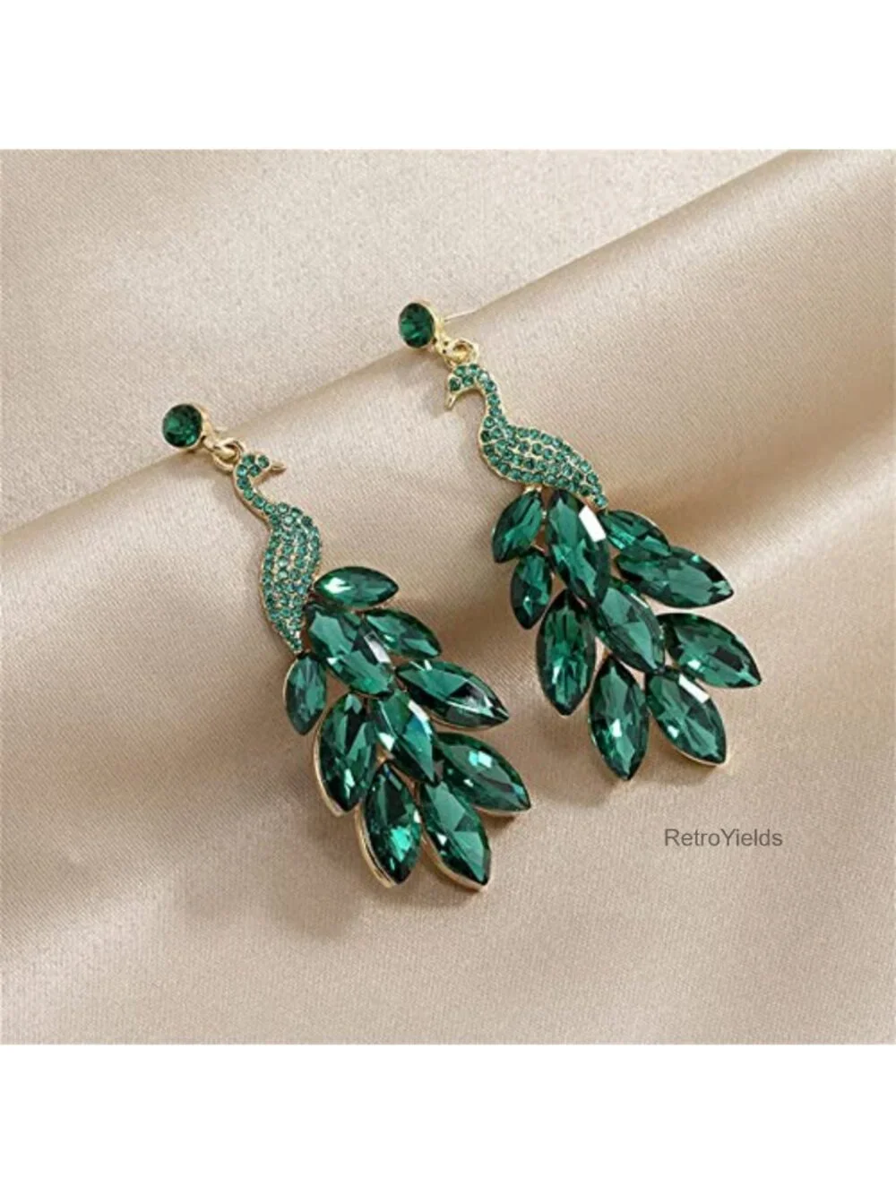 Vintage Peacock Dangle Earrings 14K Gold Plated Green Crystal Feather Statement